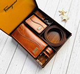 خرید ست چرم گاوی مردانه 4تیکه طبیعی برند فراگاما با بسته بندی چوبی