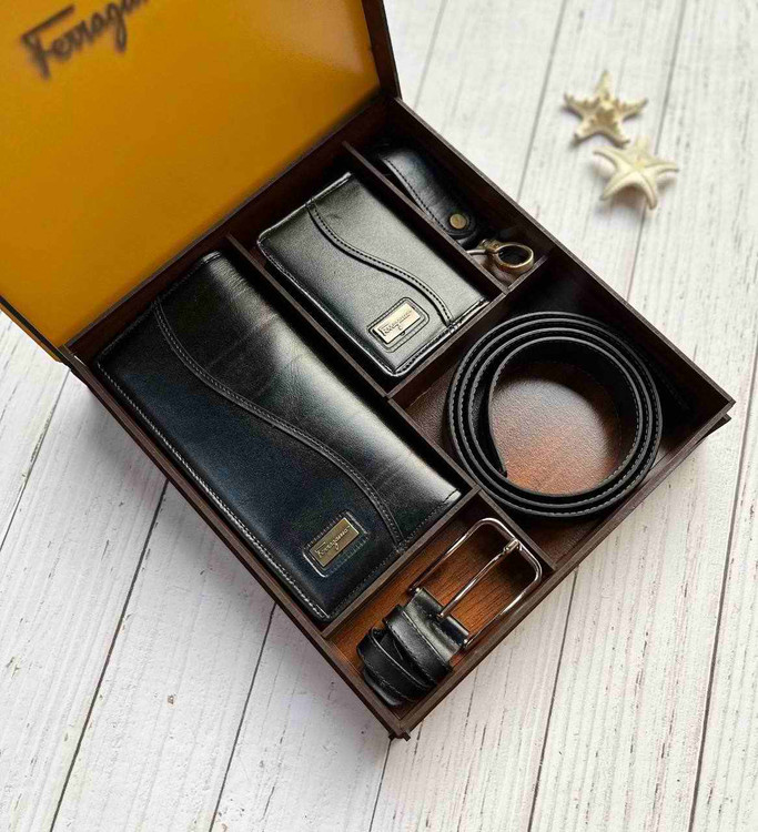 خرید ست چرم گاوی مردانه 4تیکه طبیعی برند فراگاما با بسته بندی چوبی