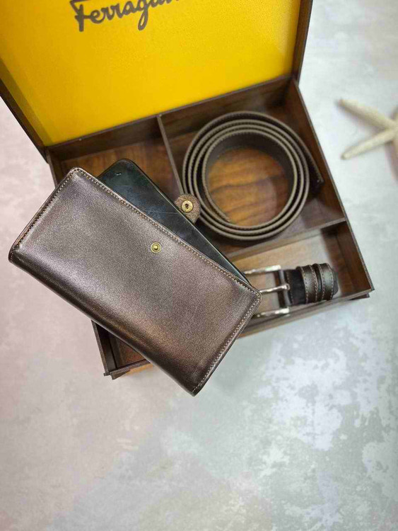 خرید ست چرم گاوی مردانه دو تیکه کمربند و کیف کتی چرم فراگاما