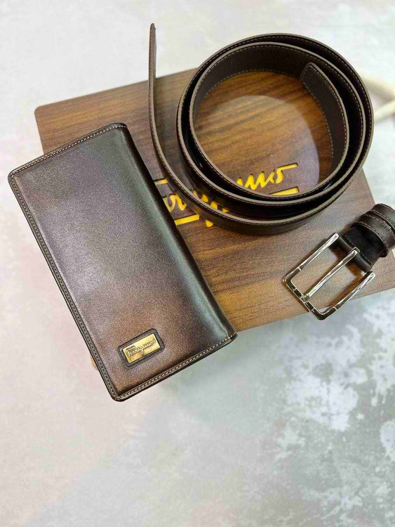 خرید ست چرم گاوی مردانه دو تیکه کمربند و کیف کتی چرم فراگاما