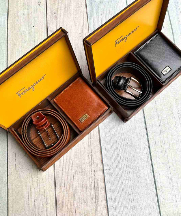 خرید ست کیف پول مردانه دو تیکه جیبی چرم گاوی با بسته بندی چوبی فراگاما