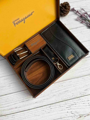 خرید ست کیف پول مردانه چرم گاوی سه تیکه برند فراگاما با بسته بندی چوبی