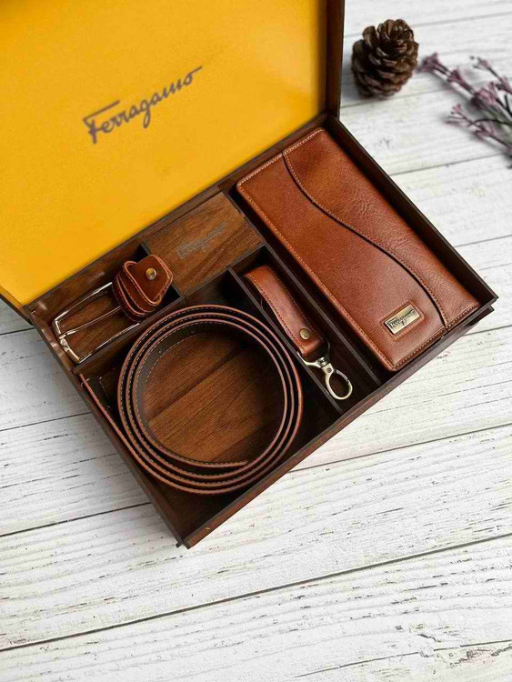 خرید ست کیف پول مردانه چرم گاوی سه تیکه برند فراگاما با بسته بندی چوبی