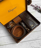 خرید ست کیف پول مردانه چرم گاوی سه تیکه برند فراگاما با بسته بندی چوبی