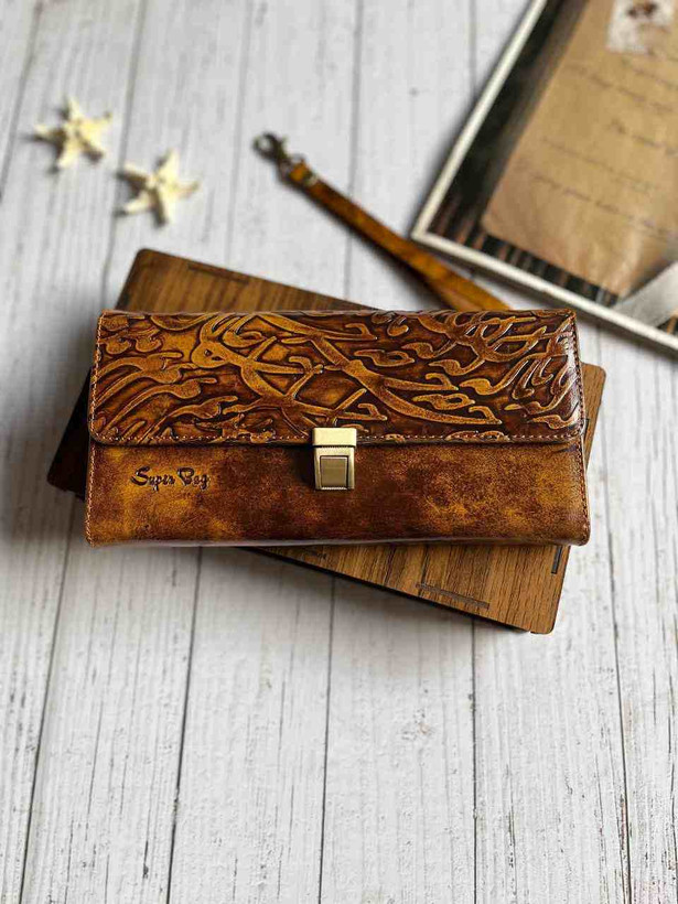 خرید کیف پول دستی چرم گاوی دسترنگ طرح دار