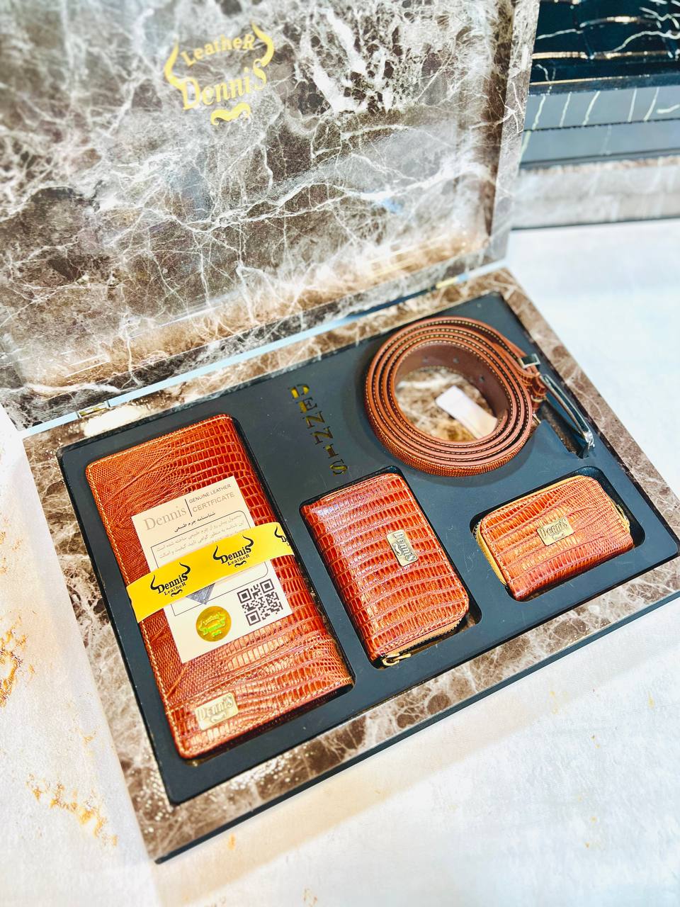 خرید ست چرم گاوی طبیعی لزارد 4تیکه برند دنیس با ضمانت نامه