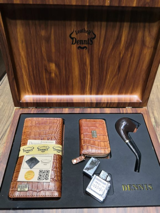 خرید ست کیف پول مردانه تمام چرم گاوی کرو فندک و پیپ دنیس