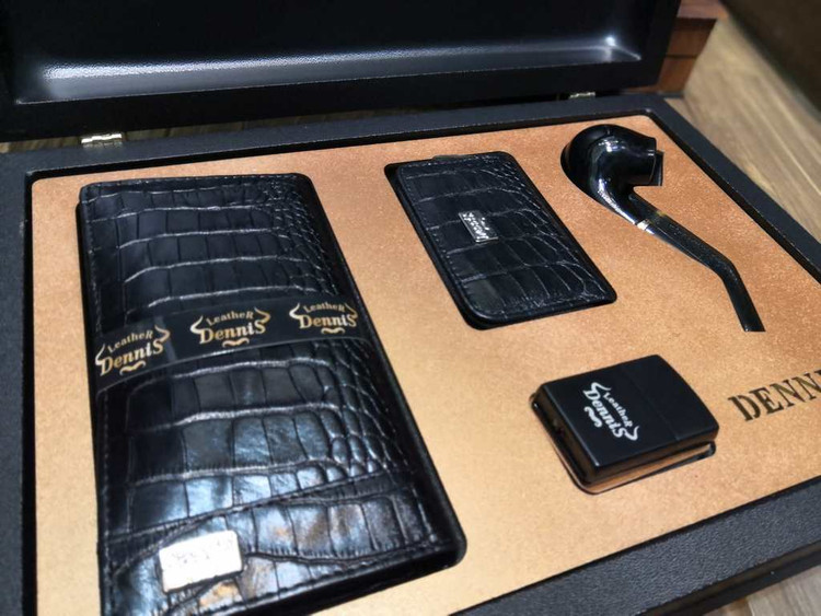 خرید ست کیف پول مردانه تمام چرم گاوی کرو فندک و پیپ دنیس