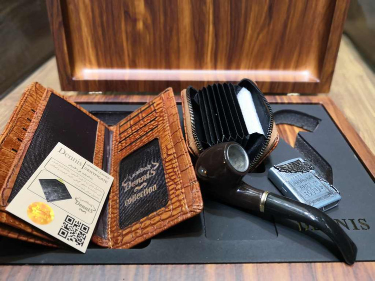 خرید ست کیف پول مردانه تمام چرم گاوی کرو فندک و پیپ دنیس