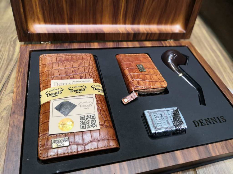 خرید ست کیف پول مردانه تمام چرم گاوی کرو فندک و پیپ دنیس