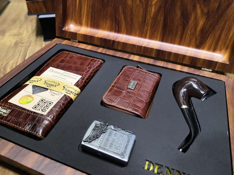 خرید ست کیف پول مردانه تمام چرم گاوی کرو فندک و پیپ دنیس