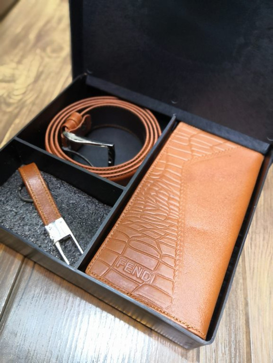 خرید ست کیف پول چرم گاوی طبیعی 3 تیکه جاکلیدی برند فندی